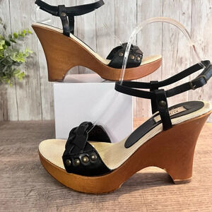 Furla Vintage Wooden Sole Black Leather Sandals Size 6.5